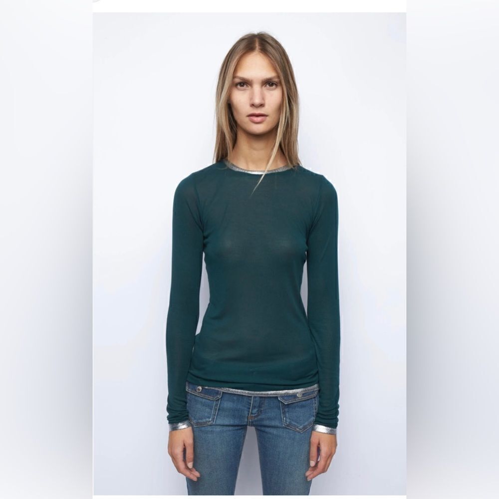 Zadig & Voltaire Willy foil silver Long sleeve top color Peacock Sz Large. NWT